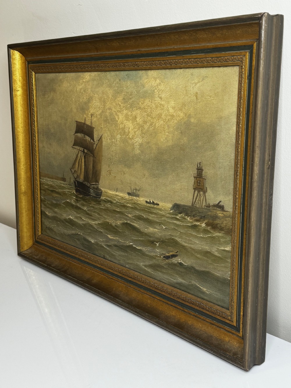 Oil Painting On Tyne Groyne Herd Lighthouse By John Davison Liddell View XXX
