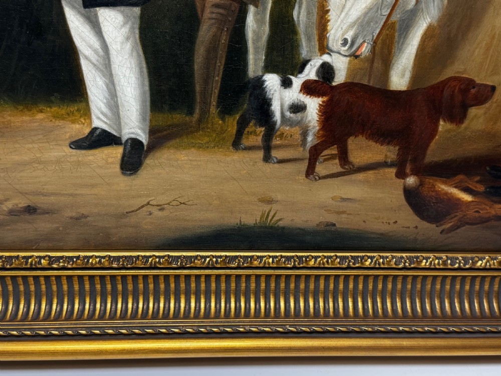 An antique oil painting in a decorative gilded frame depicting three men with hunting dogs and a white horse in a countryside setting. View III