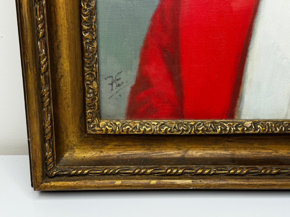 A mid-century oil painting depicting a gentleman wearing glasses, a red coat with dark lapels, and a white bow tie, housed within a gilded wooden frame. View VIII