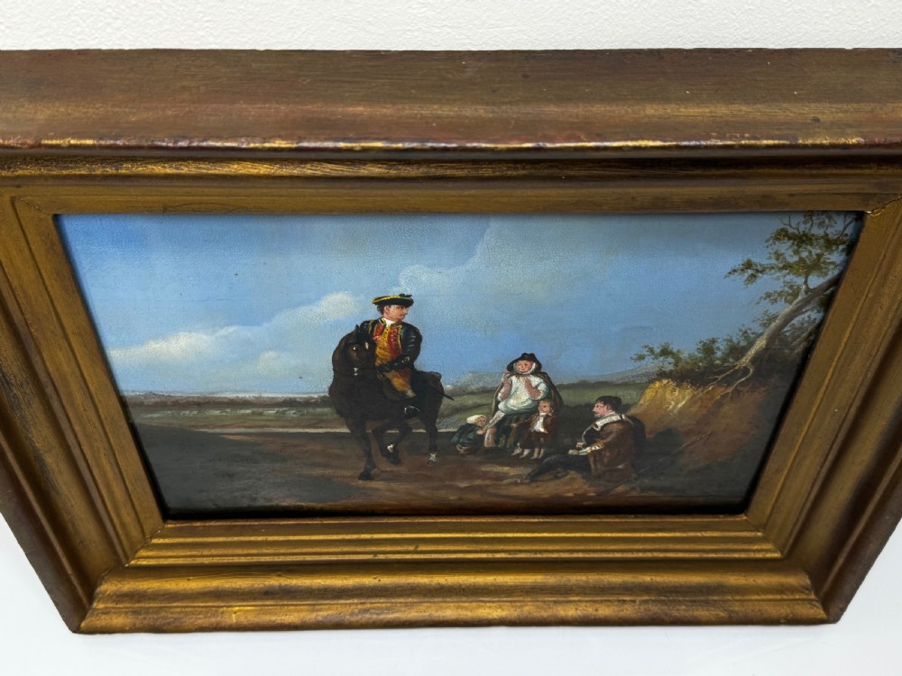 An eighteenth-century style oil painting depicting a military equestrian rider and figures in an expansive countryside landscape, framed in a heavy gilded frame. View VI