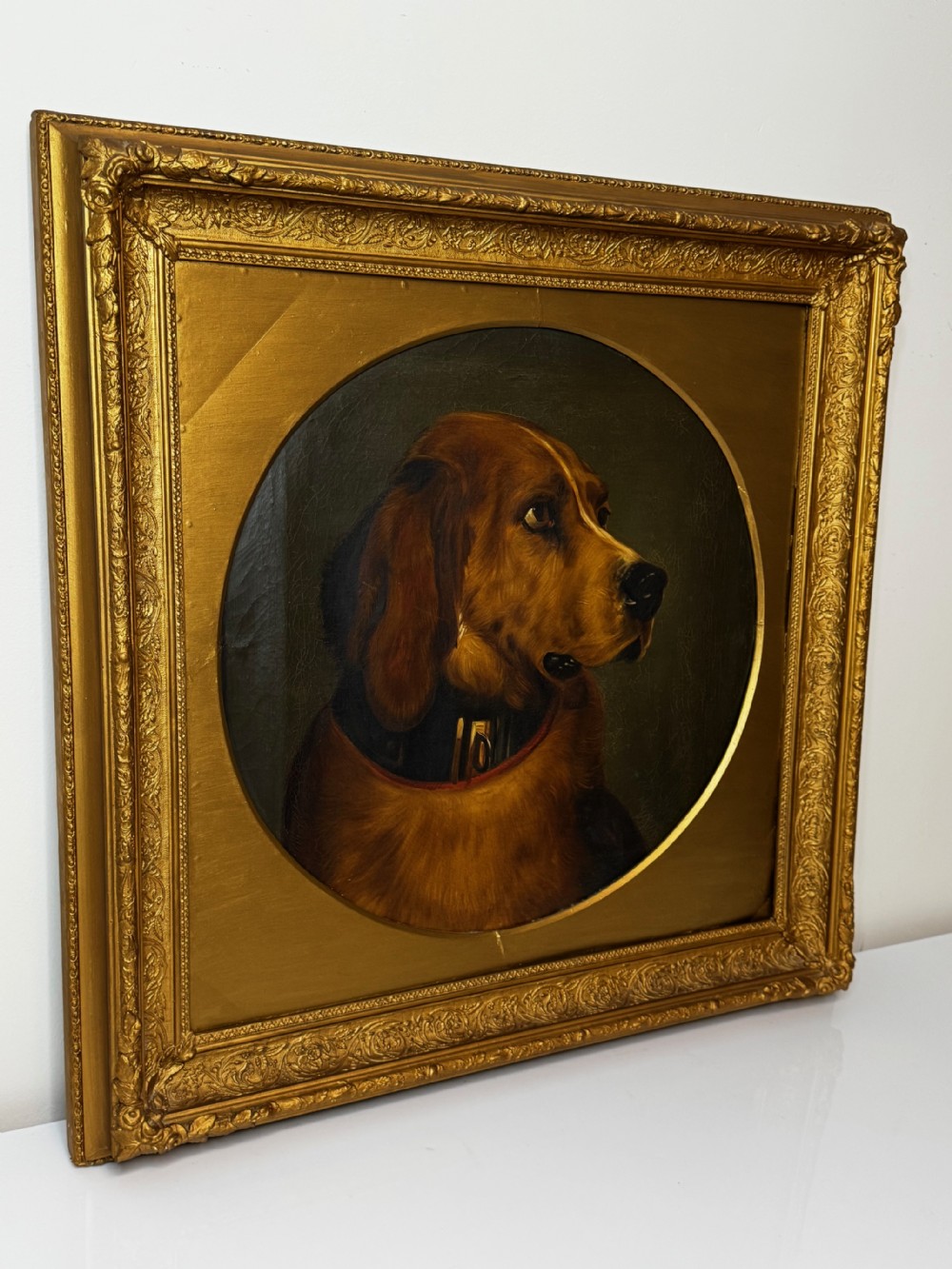 A Victorian oil painting depicting the head profile of a brown hound set inside a circular aperture within a heavy gold gilt frame. View V