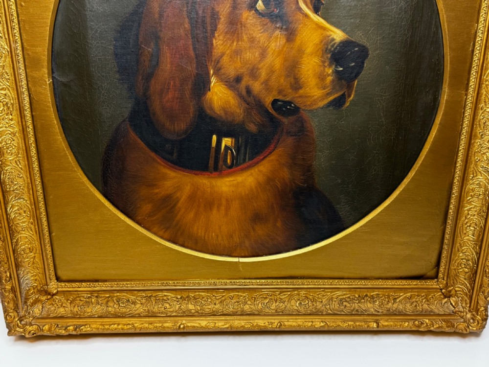 A Victorian oil painting depicting the head profile of a brown hound set inside a circular aperture within a heavy gold gilt frame. View VI