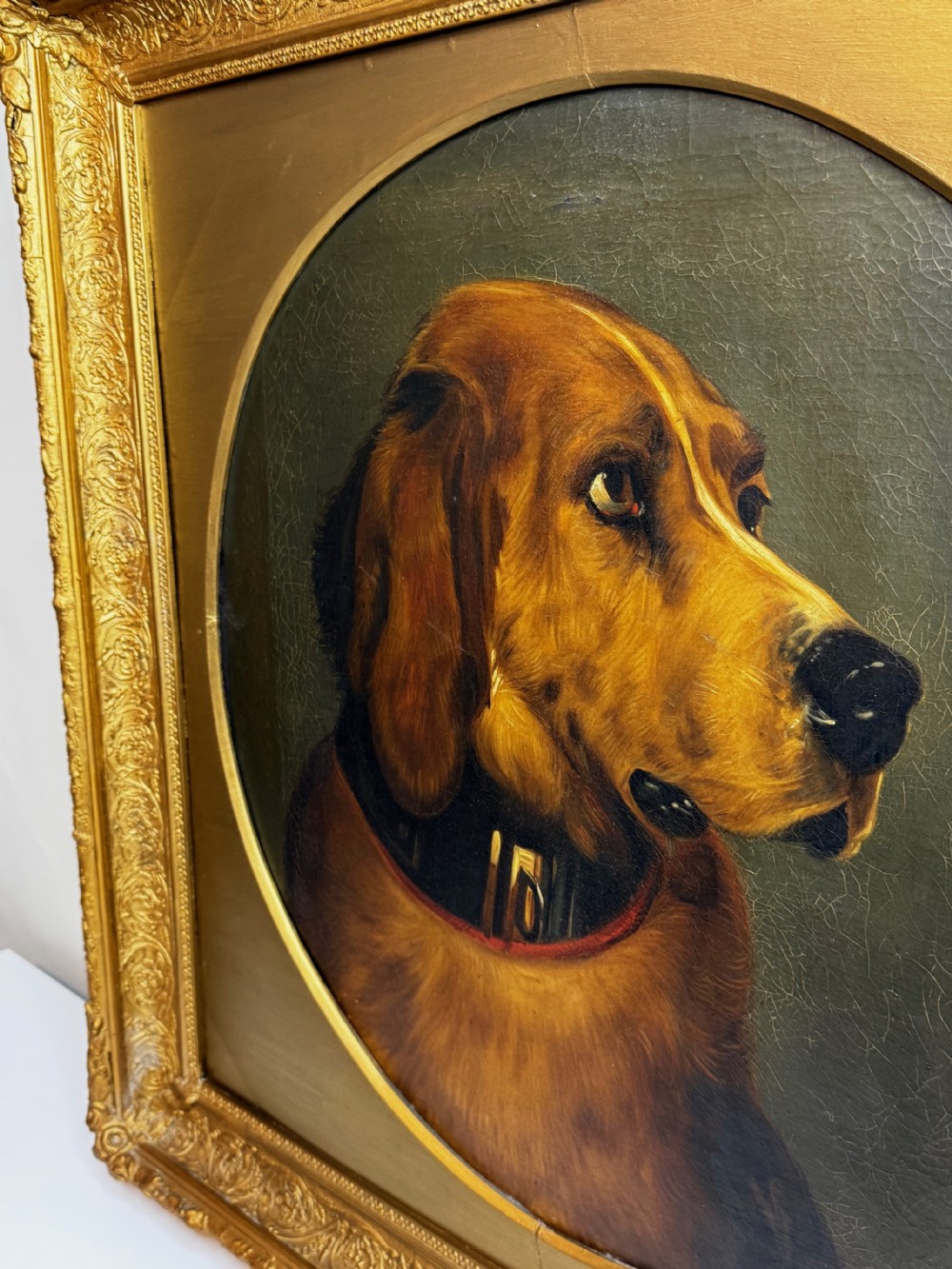 A Victorian oil painting depicting the head profile of a brown hound set inside a circular aperture within a heavy gold gilt frame. View IX