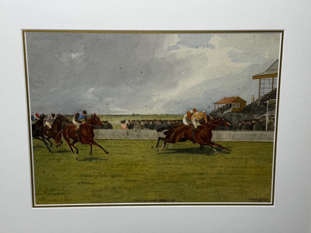 A framed British equestrian painting depicting racehorses and jockeys galloping on a green racetrack at Newmarket within a fluted gold-gilt frame. View XVI