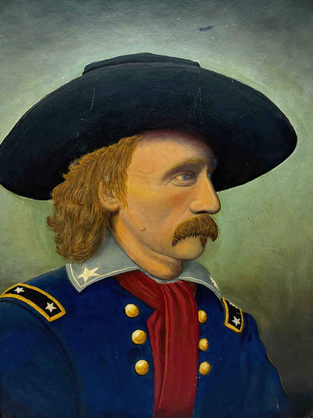 A framed oil painting portraying General George Custer in profile wearing a blue uniform with gold stars and a black hat. View XI