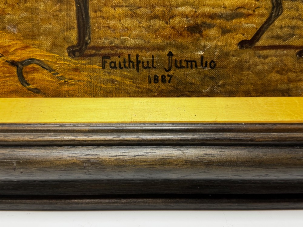 A Victorian oil painting depicting a dark brown greyhound standing in profile within a courtyard, presented in a dark molded wooden frame with a gold slip. View X