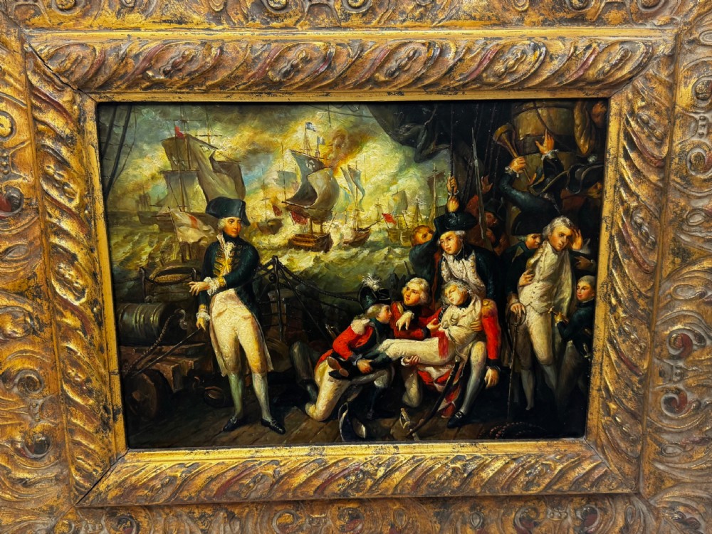 An antique oil painting depicting a dramatic naval sea battle with officers on a ship deck, housed in a heavily carved gold leaf frame. View VIII