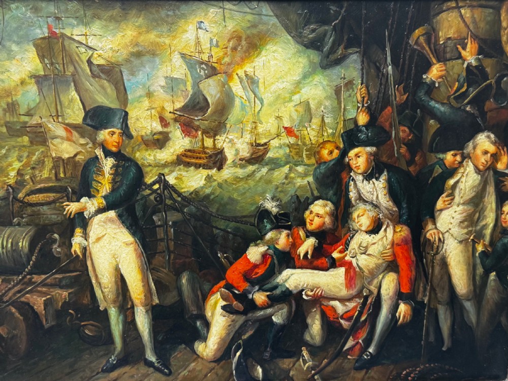An antique oil painting depicting a dramatic naval sea battle with officers on a ship deck, housed in a heavily carved gold leaf frame. View IX