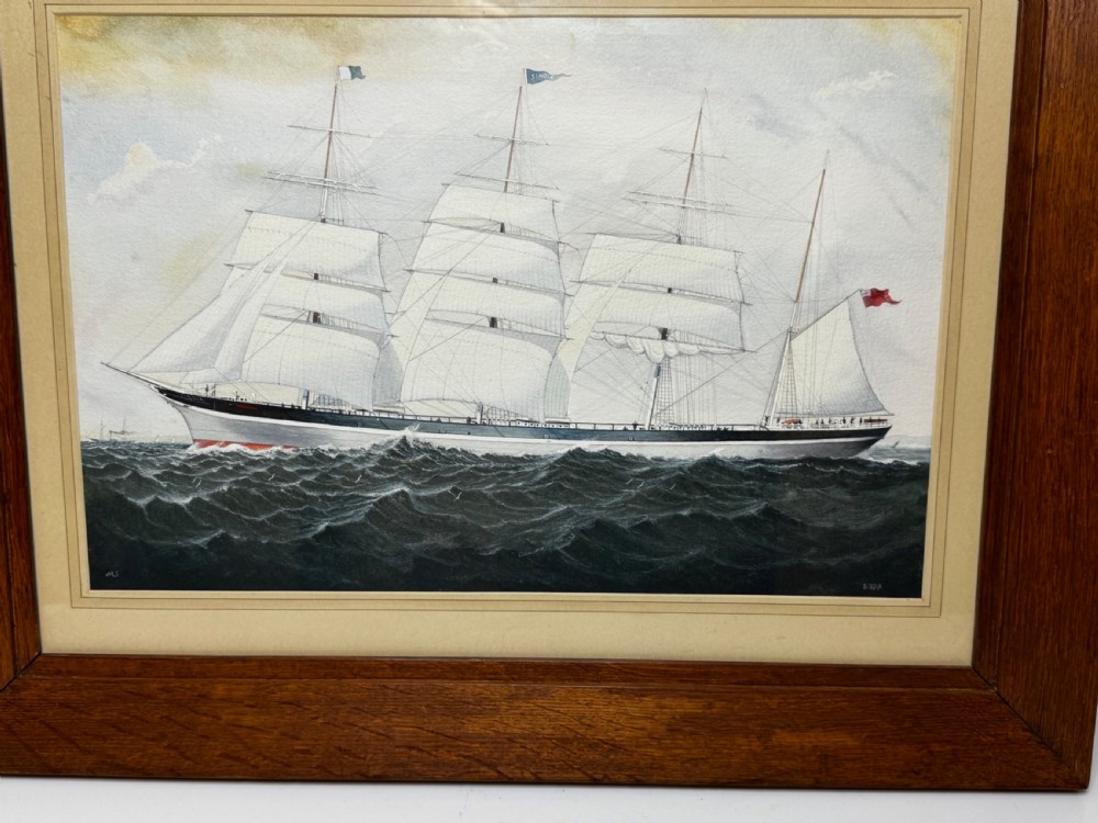 A framed maritime painting depicting a four-masted barque sailing ship on choppy water set within a light card mount and a wide wooden frame. View X