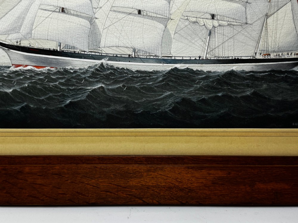 A framed maritime painting depicting a four-masted barque sailing ship on choppy water set within a light card mount and a wide wooden frame. View XI