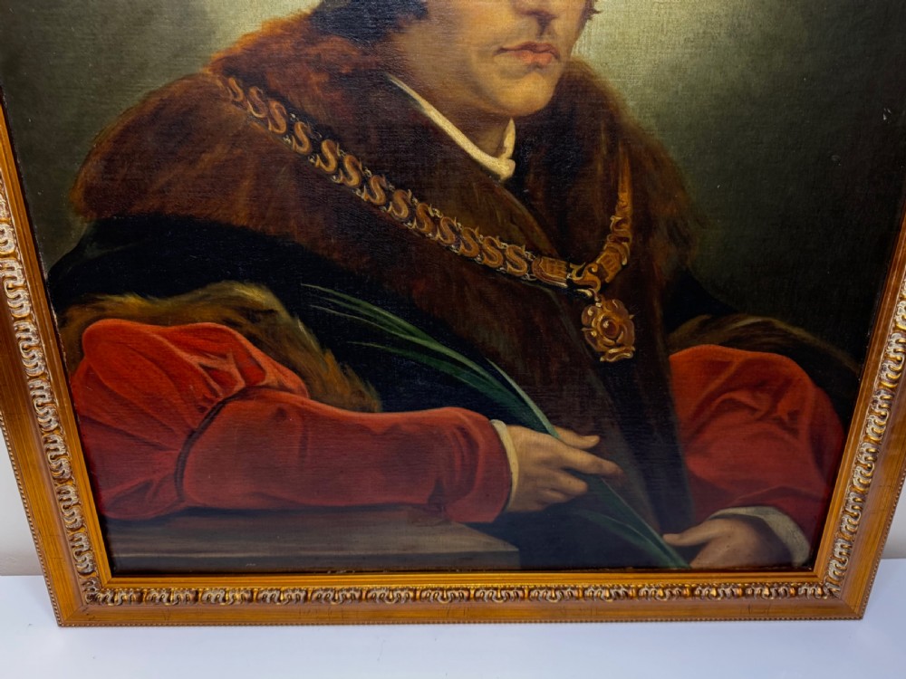 An oil portrait painting depicting Sir Thomas More framed in an ornate gold gilt wood frame. View II