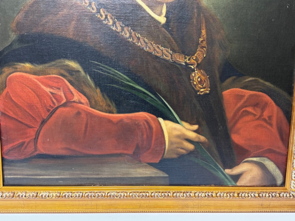 An oil portrait painting depicting Sir Thomas More framed in an ornate gold gilt wood frame. View VII