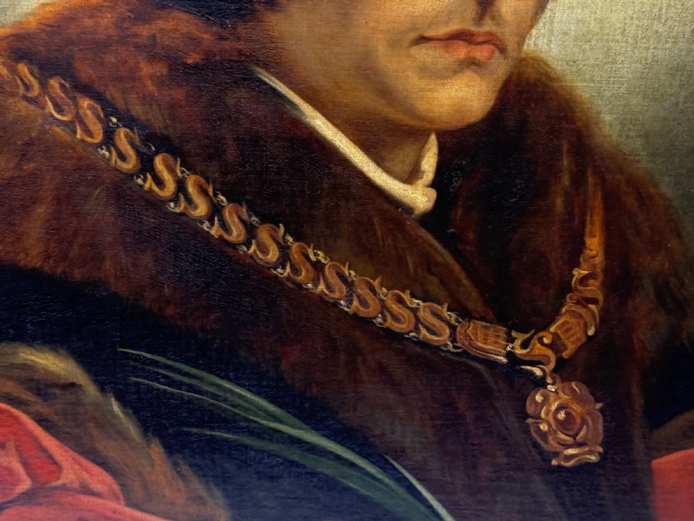 An oil portrait painting depicting Sir Thomas More framed in an ornate gold gilt wood frame. View XII