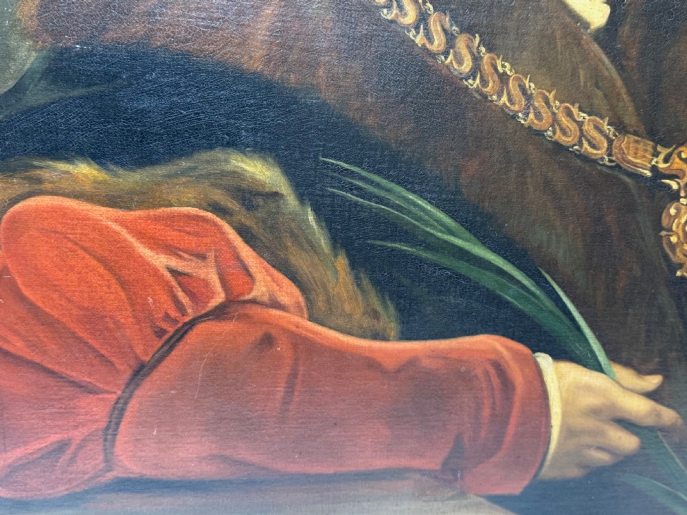 An oil portrait painting depicting Sir Thomas More framed in an ornate gold gilt wood frame. View XV