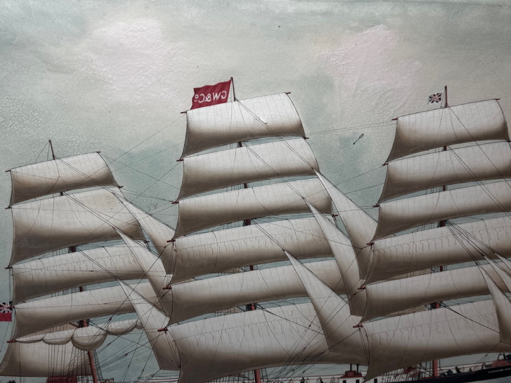 An antique oil painting depicting a three-masted sailing ship with white sails unfurled on ocean waves, enclosed within a moulded gold frame. View XX