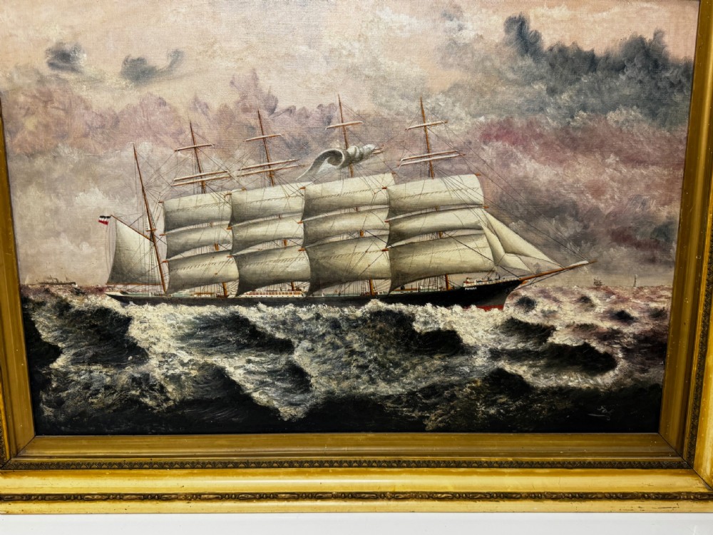 An oil painting depicting a five-masted vessel named Potosi sailing through turbulent ocean waves under a grey sky, enclosed in a gilded frame. View IV