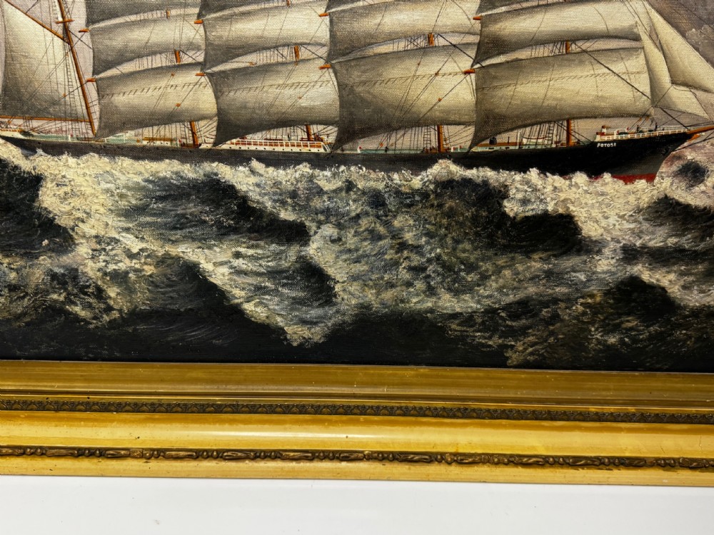 An oil painting depicting a five-masted vessel named Potosi sailing through turbulent ocean waves under a grey sky, enclosed in a gilded frame. View VI