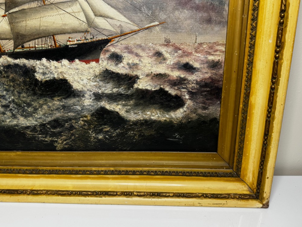An oil painting depicting a five-masted vessel named Potosi sailing through turbulent ocean waves under a grey sky, enclosed in a gilded frame. View X