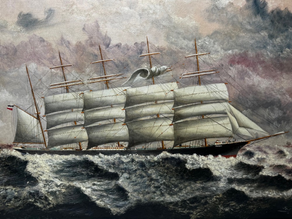 An oil painting depicting a five-masted vessel named Potosi sailing through turbulent ocean waves under a grey sky, enclosed in a gilded frame. View XVI