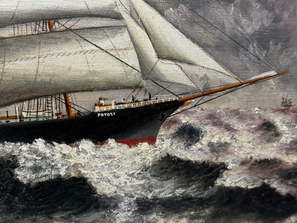 An oil painting depicting a five-masted vessel named Potosi sailing through turbulent ocean waves under a grey sky, enclosed in a gilded frame. View XVII