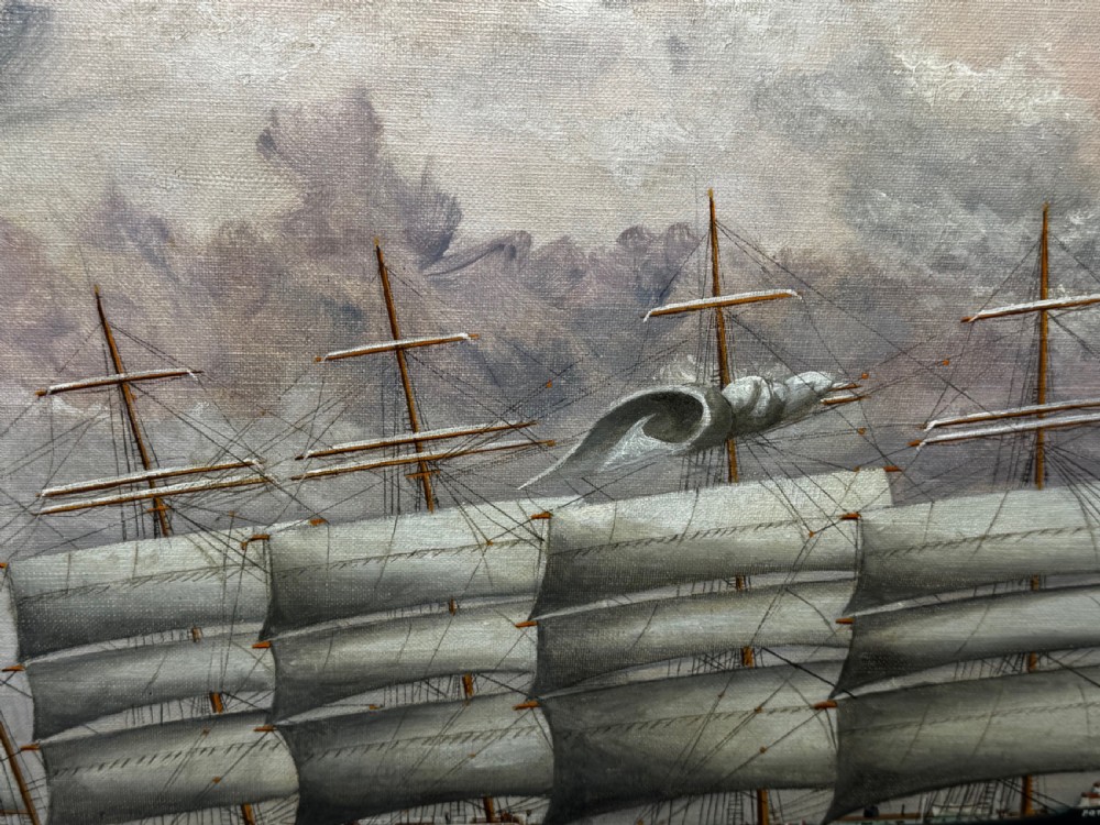 An oil painting depicting a five-masted vessel named Potosi sailing through turbulent ocean waves under a grey sky, enclosed in a gilded frame. View XXIX