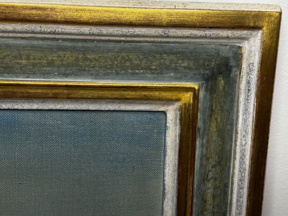 Framed oil painting depicting a skein of geese in flight over coastal marshlands at dusk. View XIII