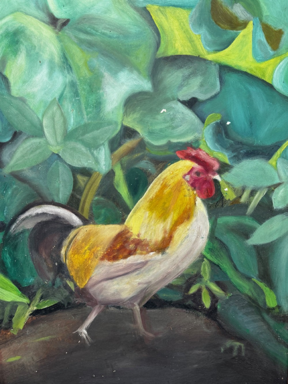 An oil painting depicting a yellow and red cockerel amidst dense green leaves, set within a carved dark wood frame with extended corner joints. View XII