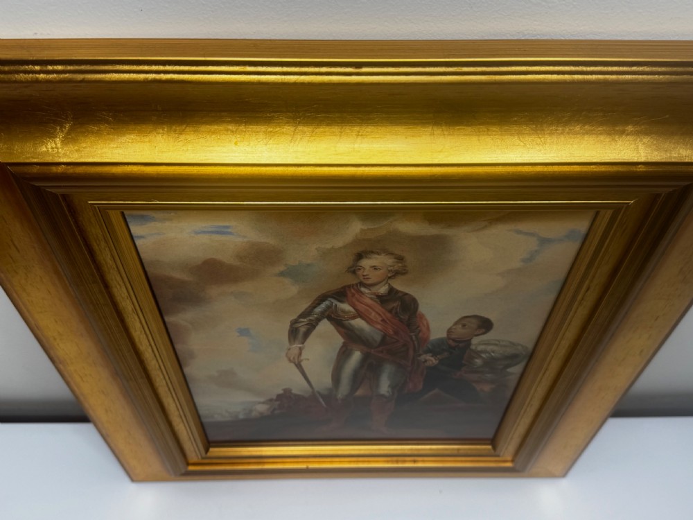 An 18th-century oil portrait painting depicting a nobleman in full plate armour with a crimson sash and an attendant, set within a heavy gilded wooden frame. View IV