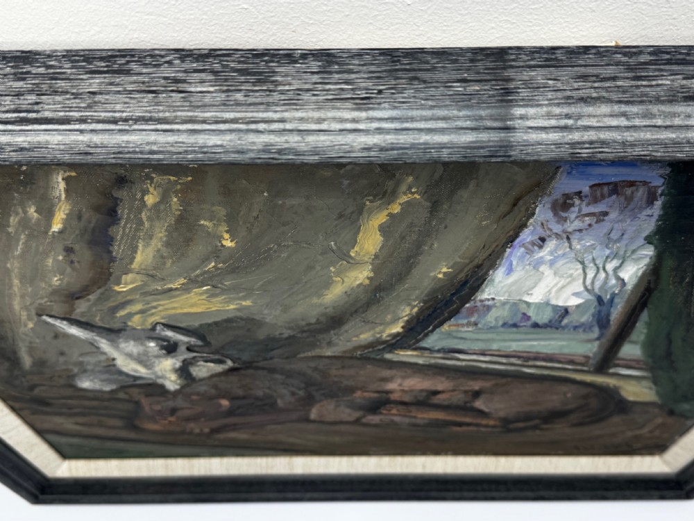 A framed mid-century modernist oil painting depicting a sleeping brown animal near a draped window. View IV
