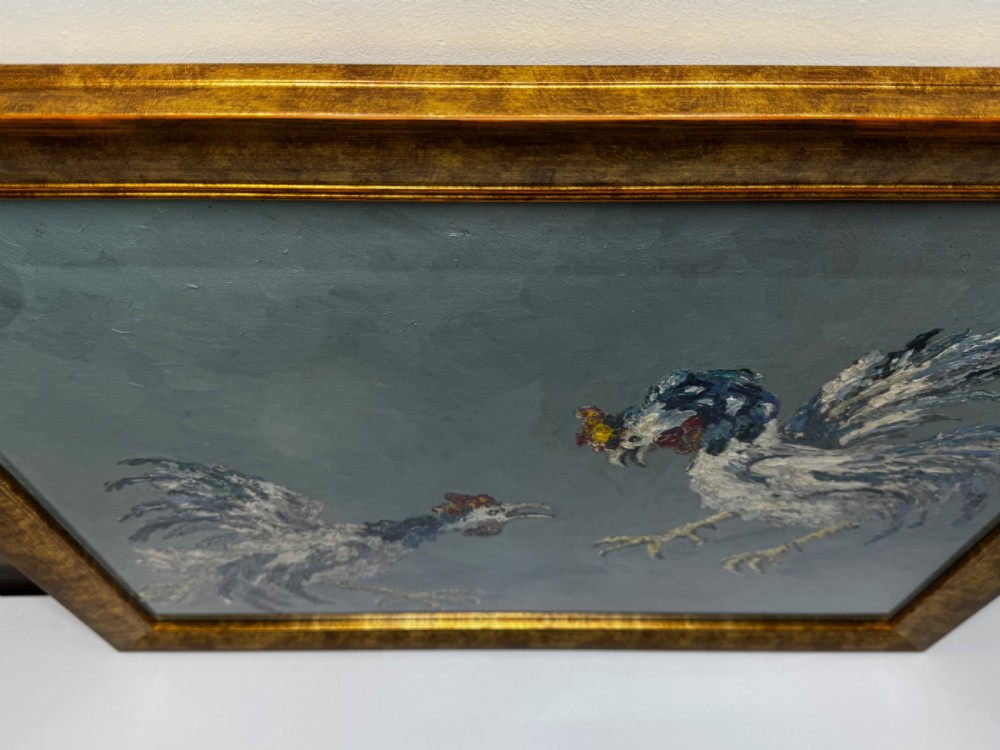 An expressionist impasto oil painting depicting two cockerels in motion against a blue-grey background within a gilt frame. View III