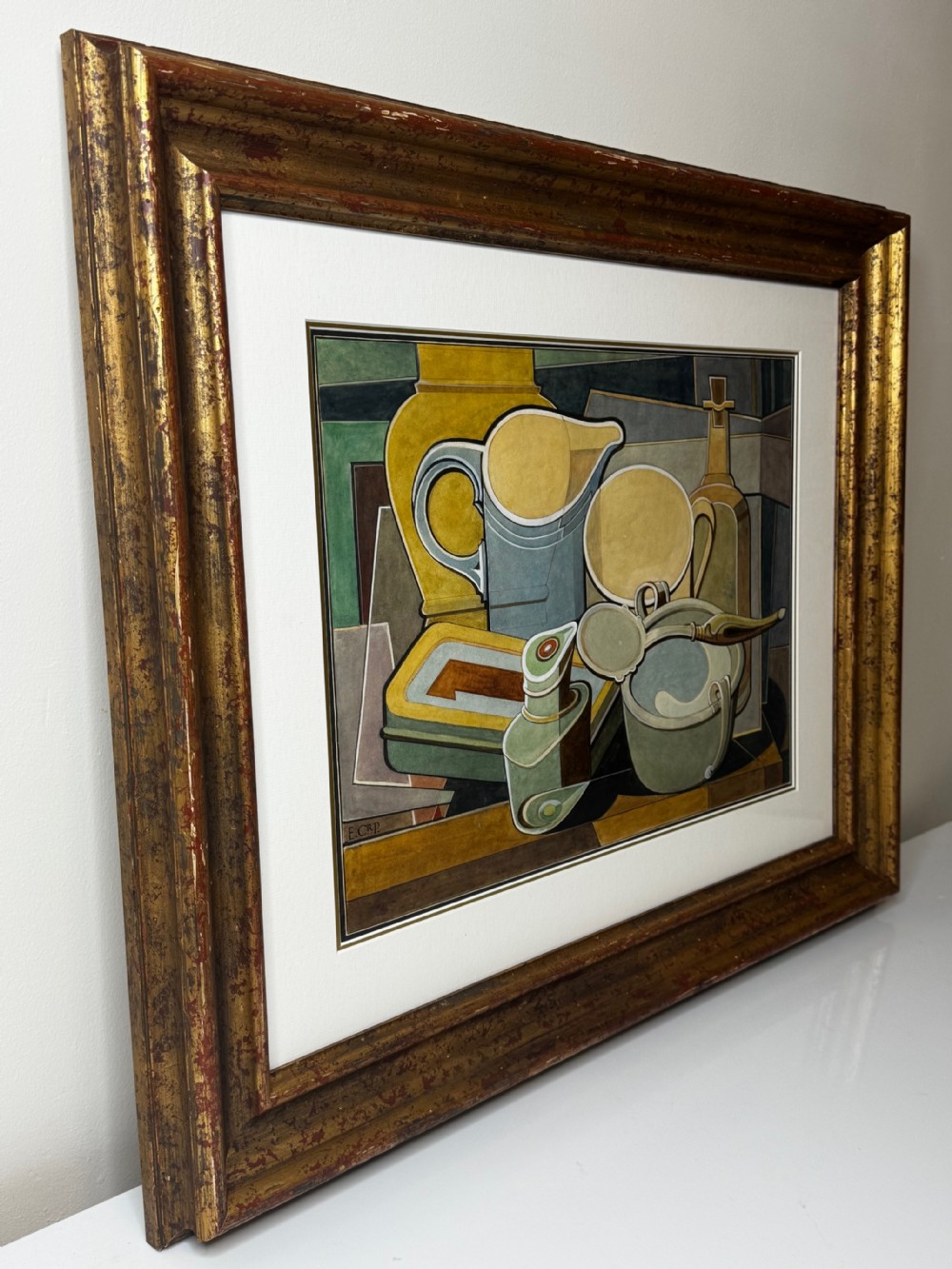 A framed Cubist watercolour still life featuring geometric kitchenware in shades of ochre, grey, and green within a distressed gilt frame. View IX