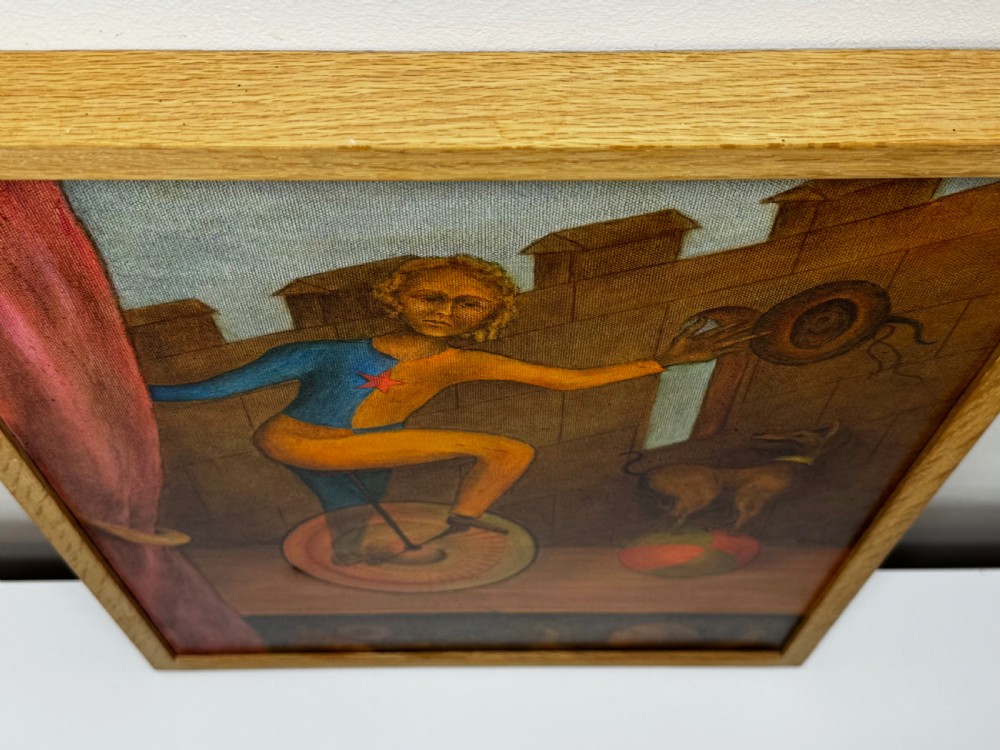 A framed Surrealist oil painting depicting a costume-clad performer on a unicycle next to a dog balancing on a sphere against a stone wall. View VI