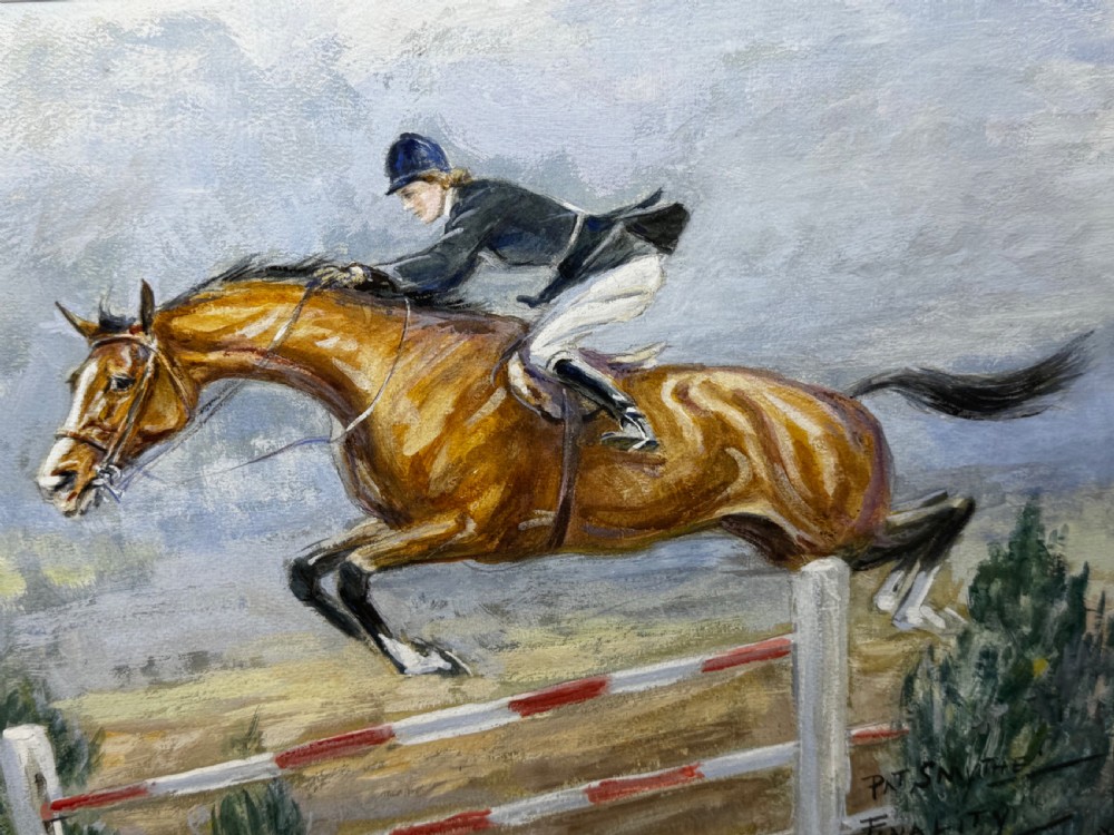 A framed oil painting depicting showjumper Pat Smythe on her horse Finality clearing a fence in 1949. View VIII