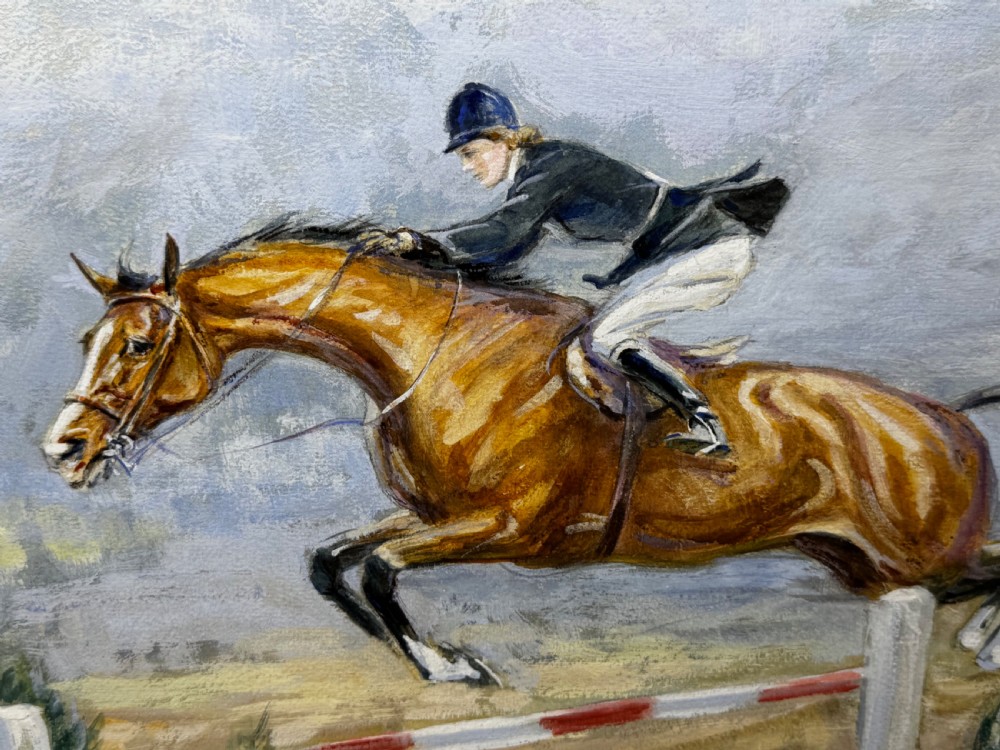 A framed oil painting depicting showjumper Pat Smythe on her horse Finality clearing a fence in 1949. View IX