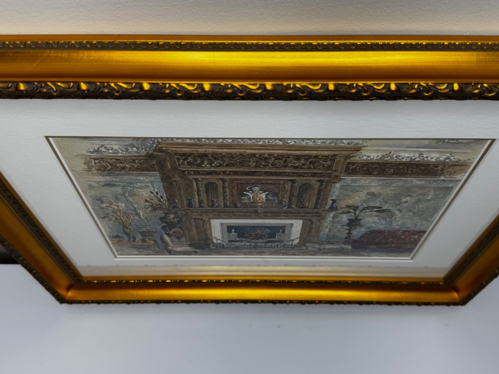 A framed Victorian watercolour painting depicting an elaborate carved wooden chimneypiece inside a grand stately home gallery. View V