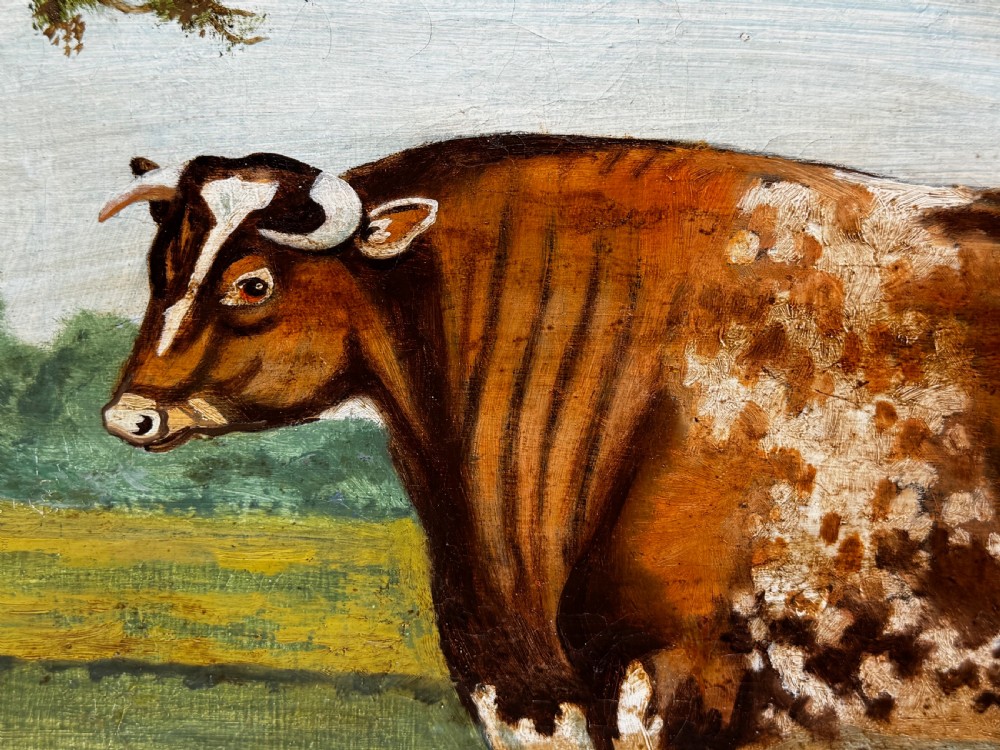 A 19th-century oil painting depicting a brown and white shorthorn bull standing in side profile in a green field, encased in a gilded frame. View XII