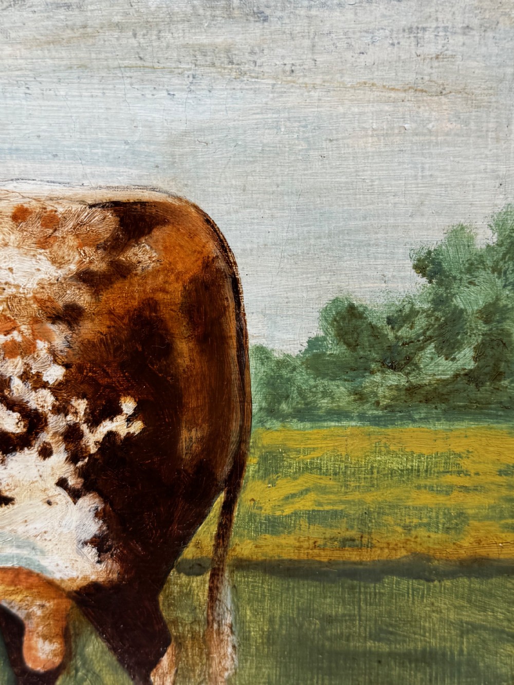 A 19th-century oil painting depicting a brown and white shorthorn bull standing in side profile in a green field, encased in a gilded frame. View XVI