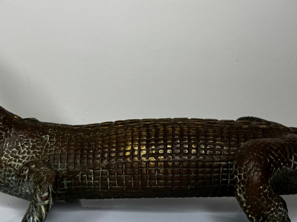 A dark bronze sculpture of a crocodile with an open mouth, detailed scales, and a curved tail designed as a water fountain spout. View XIX