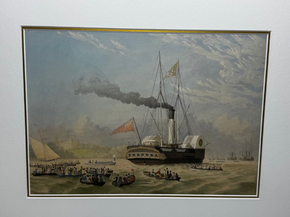 A framed 19th-century marine painting depicting a paddle steamer yacht on open water surrounded by smaller boats, housed within an ornate giltwood frame. View VIII