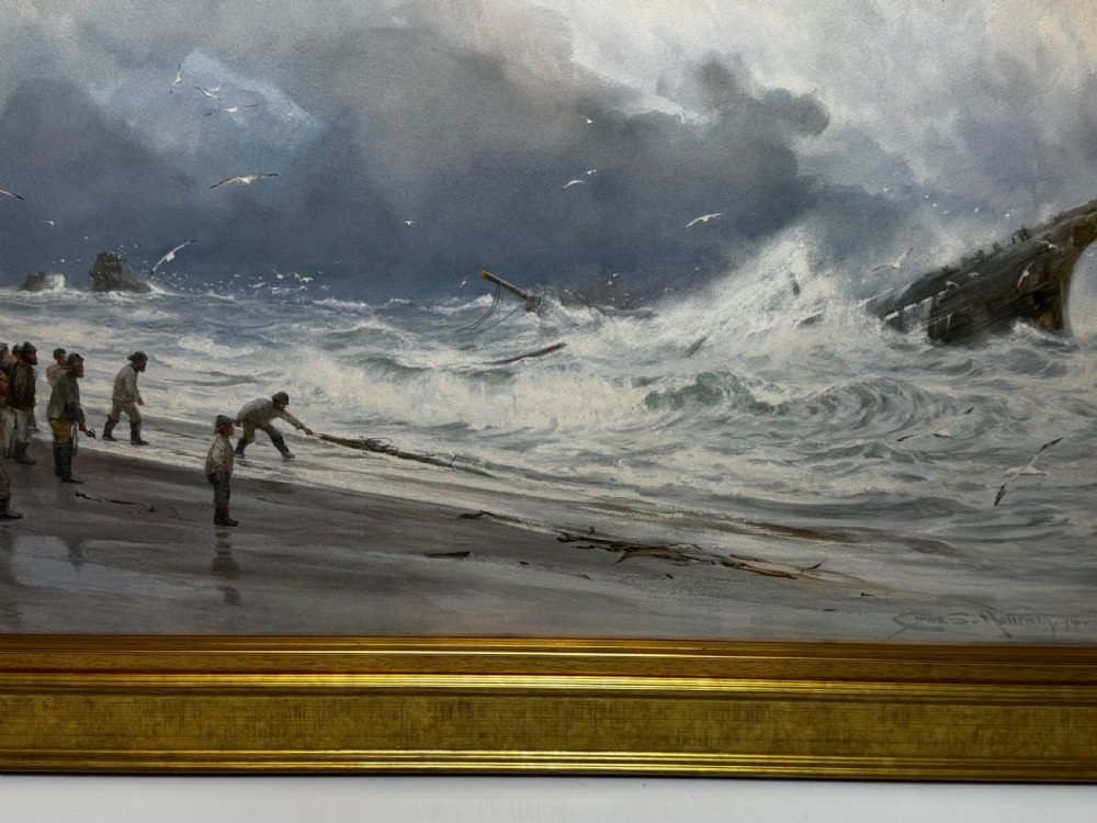 A 19th-century oil painting depicting figures on a shore watching a shipwreck in turbulent seas, set within a molded gilt frame. View V
