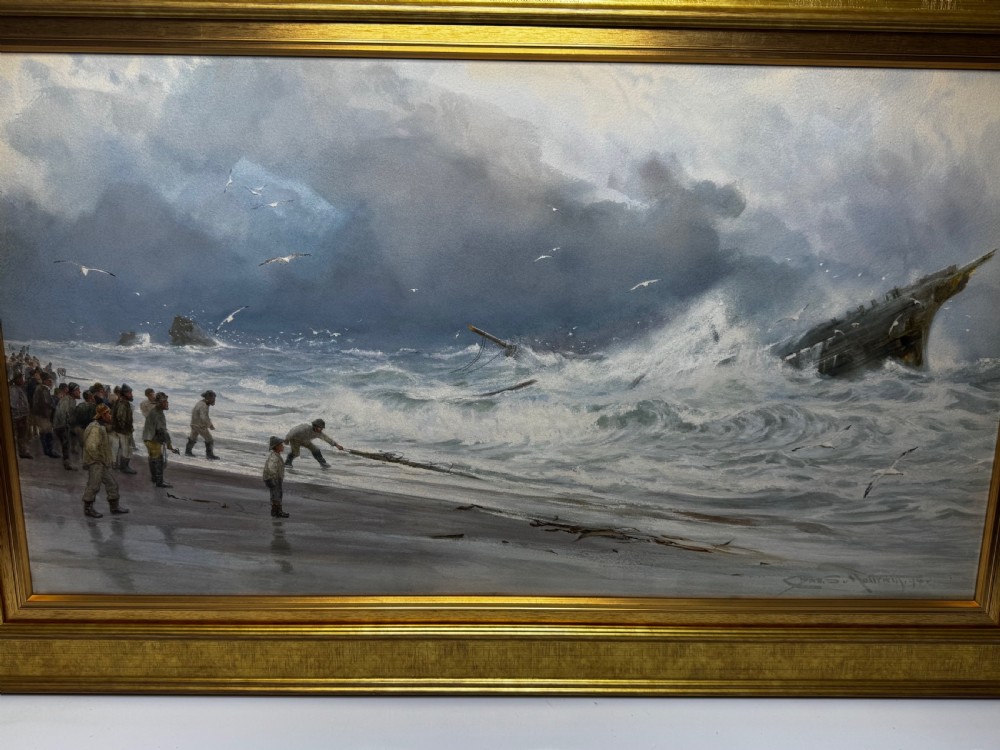 A 19th-century oil painting depicting figures on a shore watching a shipwreck in turbulent seas, set within a molded gilt frame. View XV