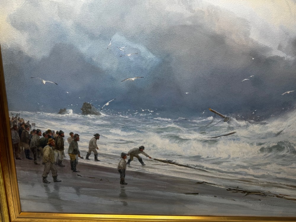 A 19th-century oil painting depicting figures on a shore watching a shipwreck in turbulent seas, set within a molded gilt frame. View XVI