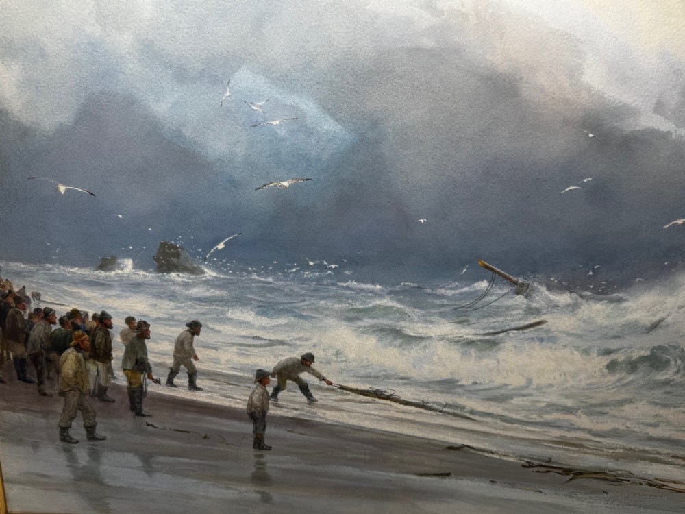 A 19th-century oil painting depicting figures on a shore watching a shipwreck in turbulent seas, set within a molded gilt frame. View XVII