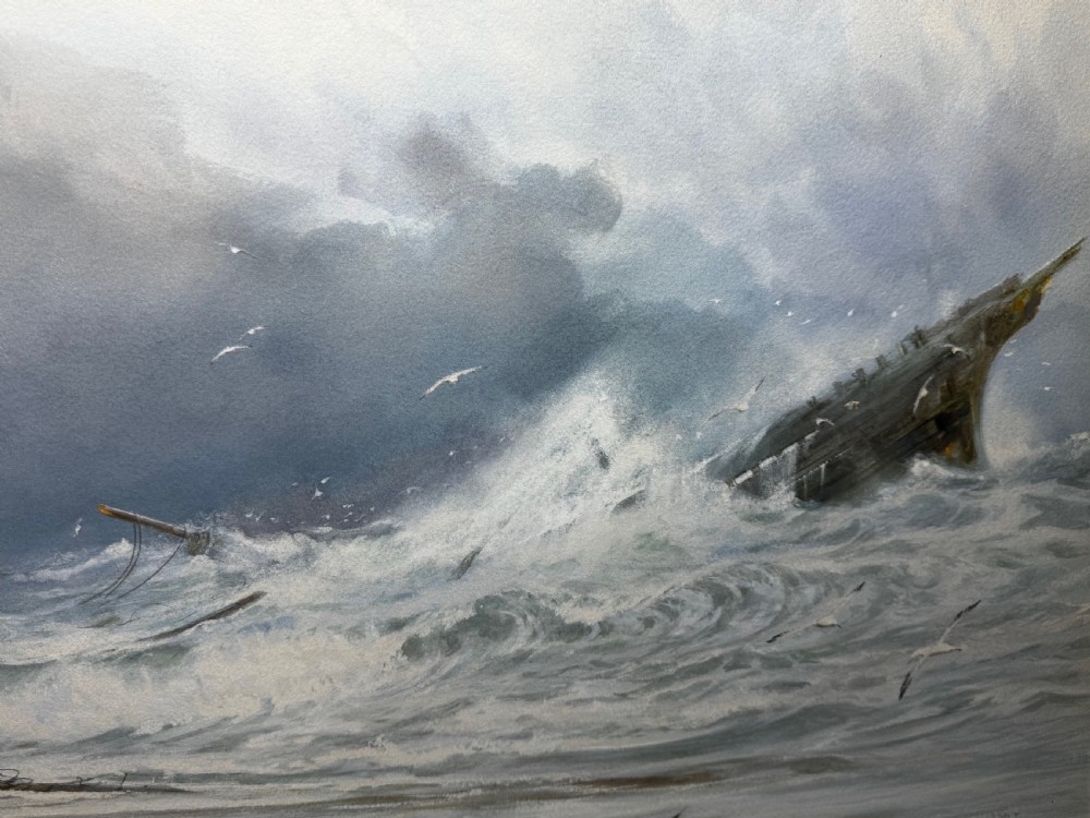 A 19th-century oil painting depicting figures on a shore watching a shipwreck in turbulent seas, set within a molded gilt frame. View XVIII