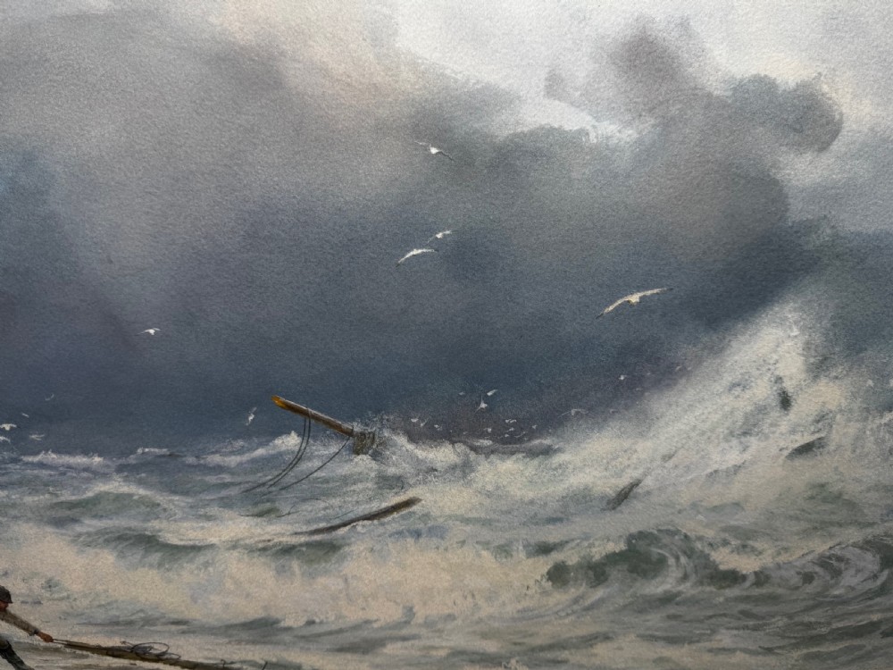 A 19th-century oil painting depicting figures on a shore watching a shipwreck in turbulent seas, set within a molded gilt frame. View XIX