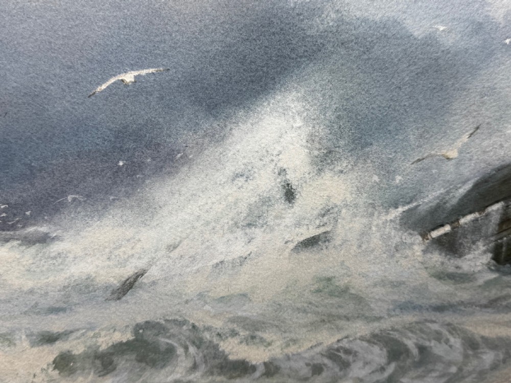 A 19th-century oil painting depicting figures on a shore watching a shipwreck in turbulent seas, set within a molded gilt frame. View XX