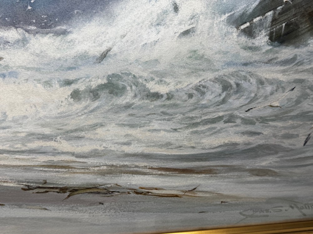A 19th-century oil painting depicting figures on a shore watching a shipwreck in turbulent seas, set within a molded gilt frame. View XXI