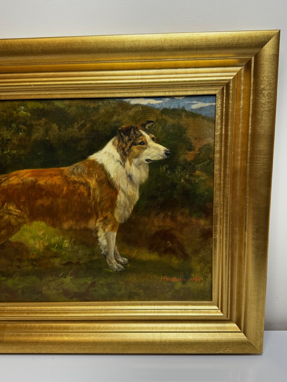 A late 19th-century oil painting depicting a sable and white Rough Collie standing in profile against a landscape background, housed within a moulded gold gilt frame. View II