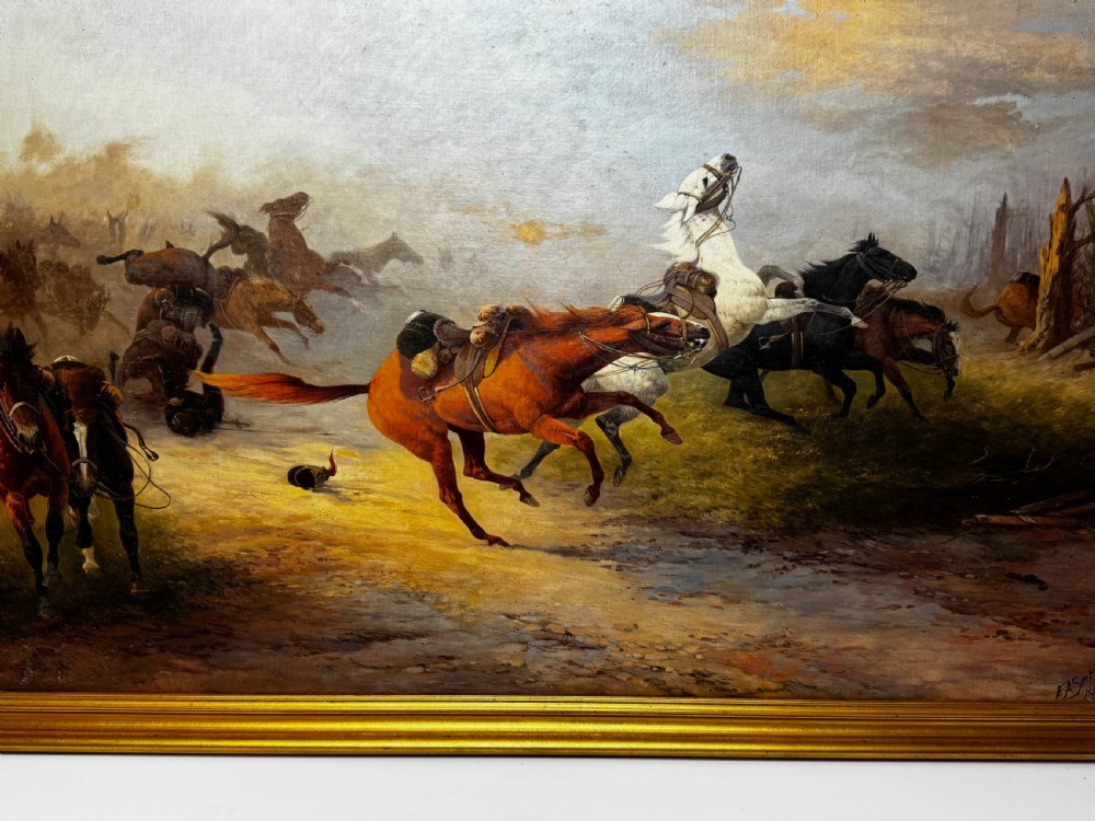 An antique framed oil painting on canvas depicting runaway horses across a dusty landscape, housed in a moulded gold gilt frame. View II