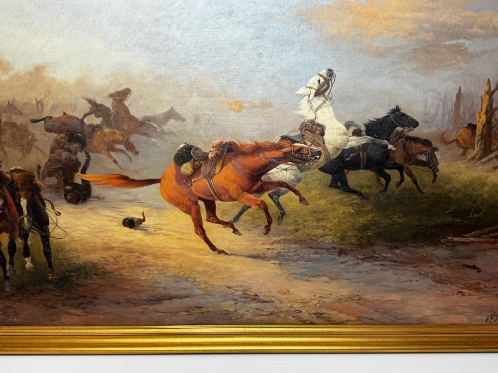 An antique framed oil painting on canvas depicting runaway horses across a dusty landscape, housed in a moulded gold gilt frame. View III